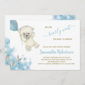 かわいいホッキョクグマ青バルーンボーイベビーシャワー 招待状 (正面/裏面)