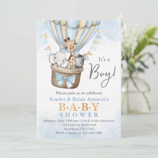 かわいいホットエアバルーンサファリ動物の赤ちゃんシャワー 招待状 (スタンド正面)