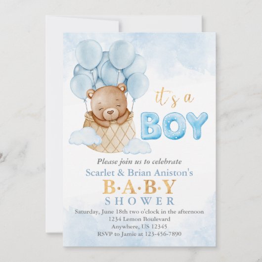 かわいいホットエアバルーンテディベア赤ちゃんシャワー 招待状 (正面)