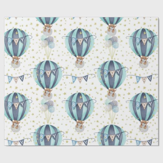 かわいいホットエアバルーンブルー男の赤ちゃんシャワーギフト ラッピングペーパー (フラット)