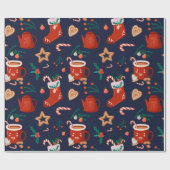 かわいいホットチョコレートクッキー&ストッキングクリスマス ラッピングペーパー (フラット)