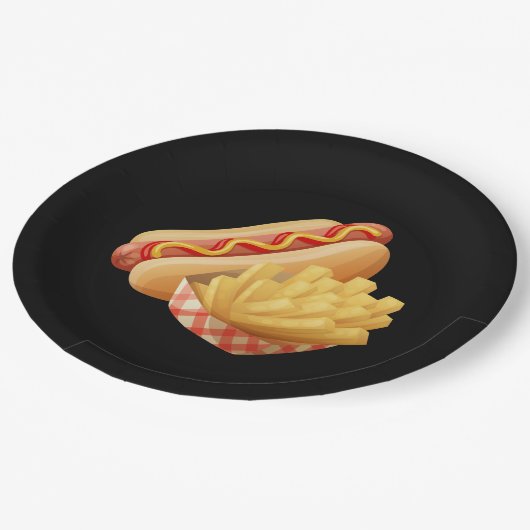 かわいいホットドッグとフランスのポテト ペーパープレート (アングル)