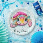 かわいいホットピンクとティール(緑がかった色)タートルガール赤ちゃんシャワー ペーパープレート (パーティー)