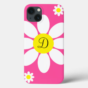 かわいいホットピンクとホワイトデイジーフローライニシャル iPhone 13ケース