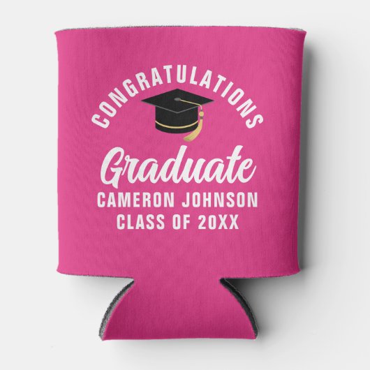 かわいいホットピンクの卒業式パーティパーソナライズされたー 缶クーラー (正面)