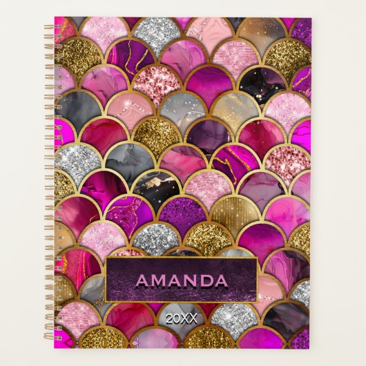 かわいいホットピンクの金ゴールドマーメイドはかりで測ガーリー プランナー手帳 (正面)