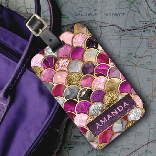 かわいいホットピンクの金ゴールドマーメイドはかりで測ガーリー ラゲッジタグ