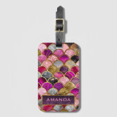 かわいいホットピンクの金ゴールドマーメイドはかりで測ガーリー ラゲッジタグ (正面縦)