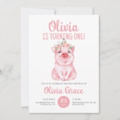 かわいいホットピンクファームベビーピッグガール1st誕生日 招待状 (正面)