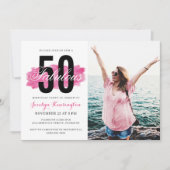 かわいいホットピンク水色50th誕生日パーティーフォト 招待状 (正面)