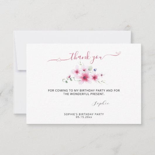 かわいいホットピンク5月花水色ガール誕生日 サンキューカード (正面)