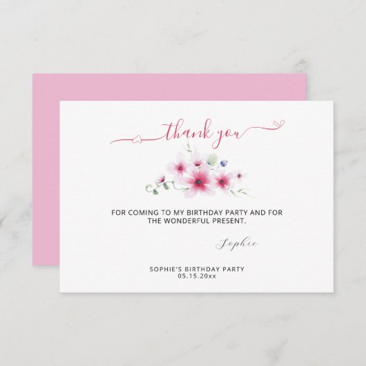 かわいいホットピンク5月花水色ガール誕生日 サンキューカード (正面/裏面)