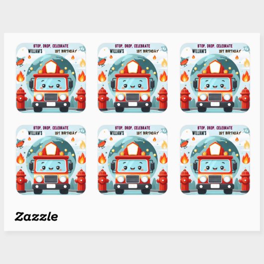 かわいいホット消防車のエンジン安全1歳の誕生日 スクエアシール (シート)