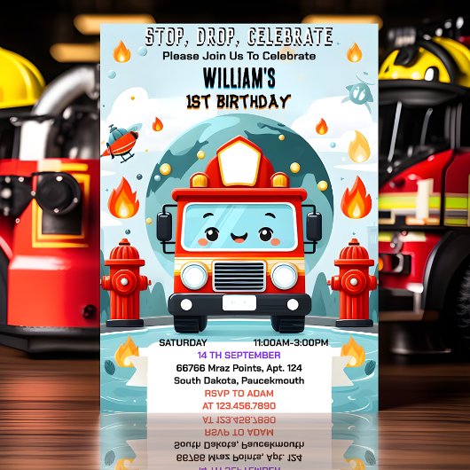 かわいいホット消防車のエンジン安全1歳の誕生日 招待状