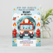 かわいいホット消防車のエンジン安全1歳の誕生日 招待状 (スタンド正面)