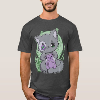 かわいいホラーにぴったり!ゴシックテディベアと戯れるヤミカワ猫 Tシャツ