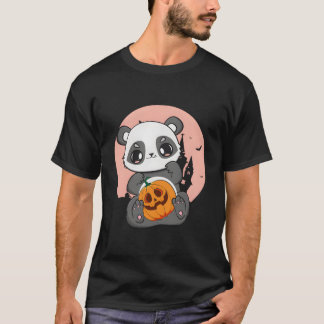 かわいいホラー・ハロウィン用のカボチャを持ったアニメパンダ Tシャツ