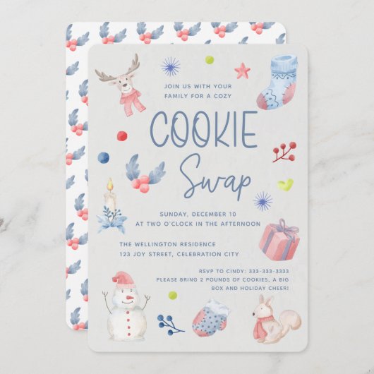 かわいいホリデーウォーターカラークリスマスクッキースワップ 招待状 (正面/裏面)