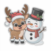 かわいいホリデートナカイと雪だるま シール (正面)