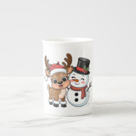 かわいいホリデートナカイと雪だるま ボーンチャイナマグカップ