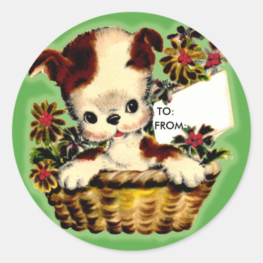 かわいいホリデーパピーギフトラベルステッカー ラウンドシール (正面)