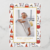かわいいホリデーペンギン柄クリスマスフォト 箔シーズンカード (正面)