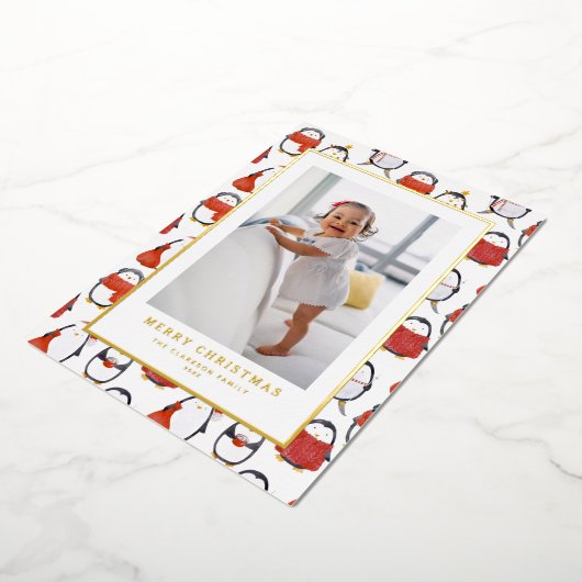 かわいいホリデーペンギン柄クリスマスフォト 箔シーズンカード (回転した状態)