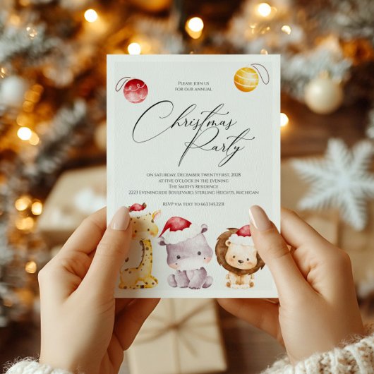 かわいいホリデー動物のクリスマスパーティ招待状 シーズンカード