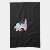 かわいいホログラフィック幽霊ハギングブラックキャットコージーガール キッチンタオル (縦)