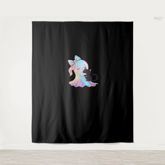 かわいいホログラフィック幽霊ハギングブラックキャットコージーガール タペストリー (正面)