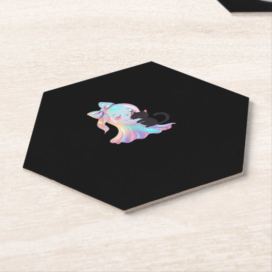 かわいいホログラフィック幽霊ハギングブラックキャットコージーガール ペーパーコースター (アングル)