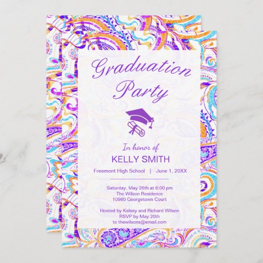 かわいいホワイトカラフルペイズリー卒業パーティー 招待状 (正面/裏面)