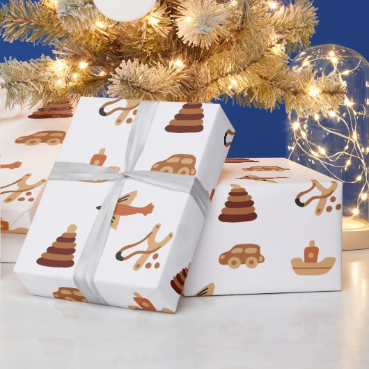 かわいいホワイトキッズトイカー飛行機ボートラッピング紙 ラッピングペーパー (クリスマス)