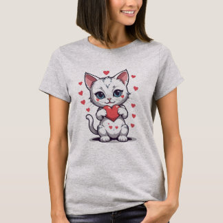 かわいいホワイトキットホールディング赤いハートTシャツ Tシャツ