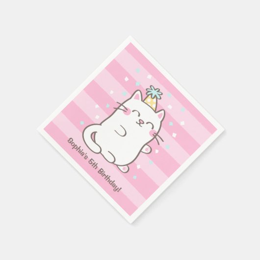かわいいホワイトキティ猫ガールズバースデーパーティーのナプキンス スタンダードカクテルナプキン (角)