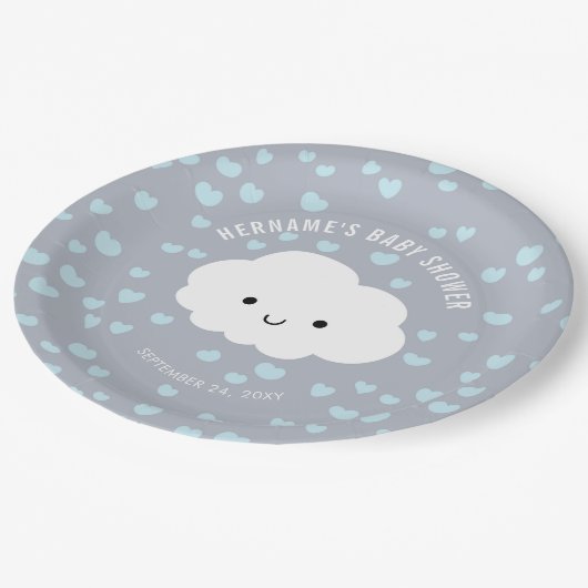 かわいいホワイトクラウドボーイブルーハートグレーベビーシャワー ペーパープレート (アングル)