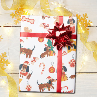 かわいいホワイトクリスマスのダックスフント メリーウーフマス ラッピングペーパー