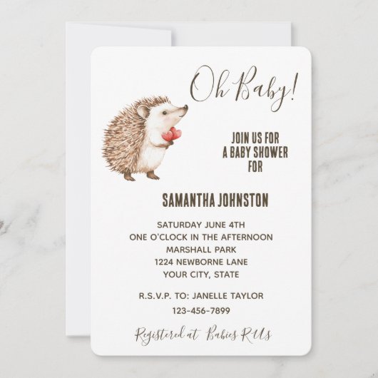 かわいいホワイトクリームブラウンハリネズミハートベビーシャワー 招待状 (正面)
