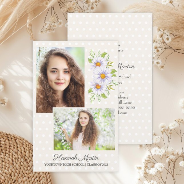 かわいいホワイトデイジーズBUDGET卒業パーティーの写真 (Elegant white and cream-colored graduation party photo invitation)