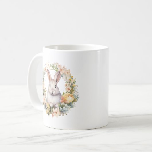 かわいいホワイトバニーウサギと春の花 コーヒーマグカップ (正面左)