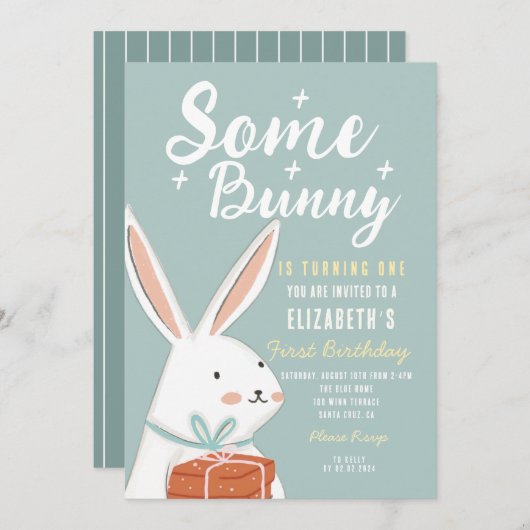かわいいホワイトバニーソフバニーターニングワン誕生日 招待状 (正面/裏面)