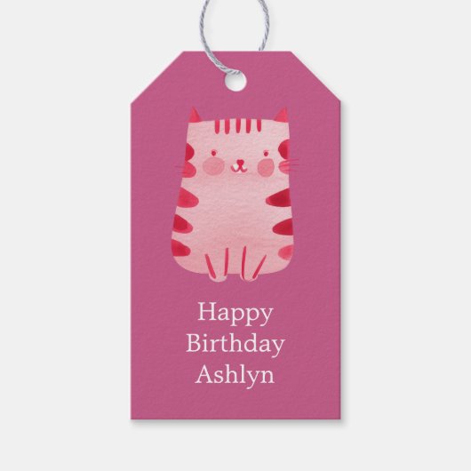 かわいいホワイトピンク猫誕生日 パーソナライズされた ギフトタグ (正面)
