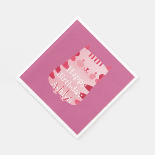 かわいいホワイトピンク猫誕生日 パーソナライズされた スタンダードランチョンナプキン (角)
