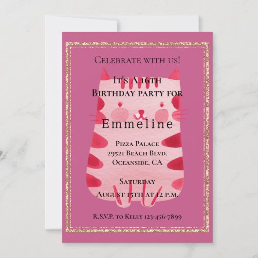 かわいいホワイトピンク猫金ゴールドグリッター16誕生日 招待状 (正面)