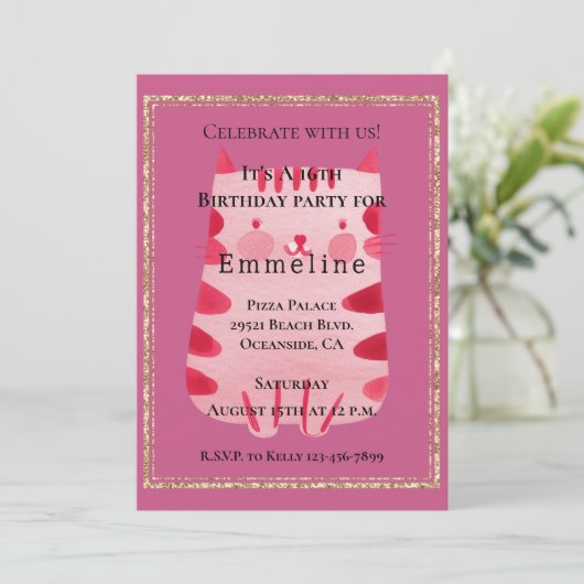 かわいいホワイトピンク猫金ゴールドグリッター16誕生日 招待状 (スタンド正面)