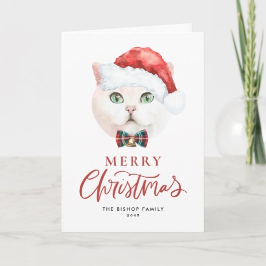 かわいいホワイトブリティッシュショートヘア猫サンタ・クリスマス シーズンカード (正面)