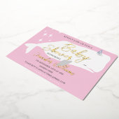 かわいいホワイトホエールガールベビーシャワーピンク招待状 箔招待状 (回転した状態)