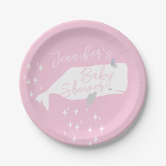 かわいいホワイトホエールガール赤ちゃんシャワーピンク ペーパープレート (正面)