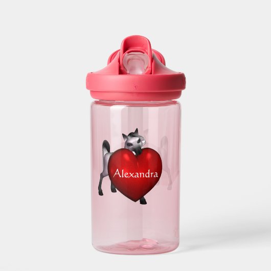 かわいいホワイトポニーと赤いハートキッズ ウォーターボトル (正面)