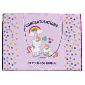 かわいいホワイトユニコーン魔法のママ&ベビーおめでとう ラージペーパーバッグ (正面)